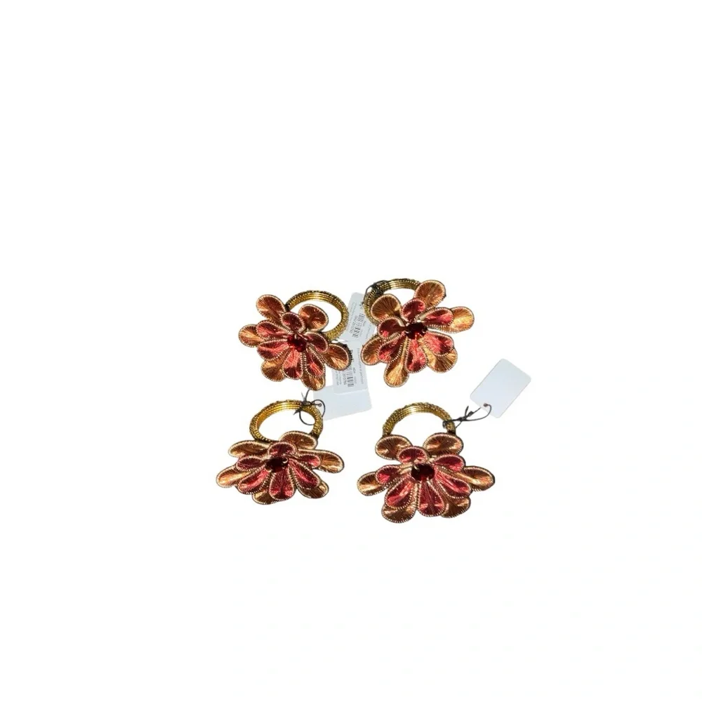 Pier 1 Four Golden and Deep Red Textured Flower Sparkly Stone Napkin Rings NWTs